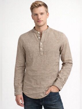 Linen Henley Shirt XS Slim Beige Lightweight Summer Beach Casual Men’s